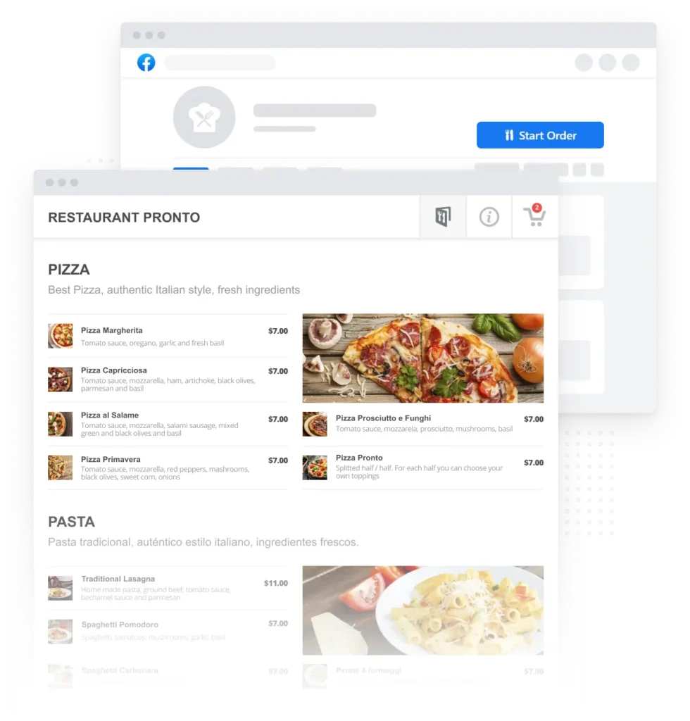 Exemple du menu de commande en ligne lié à facebook